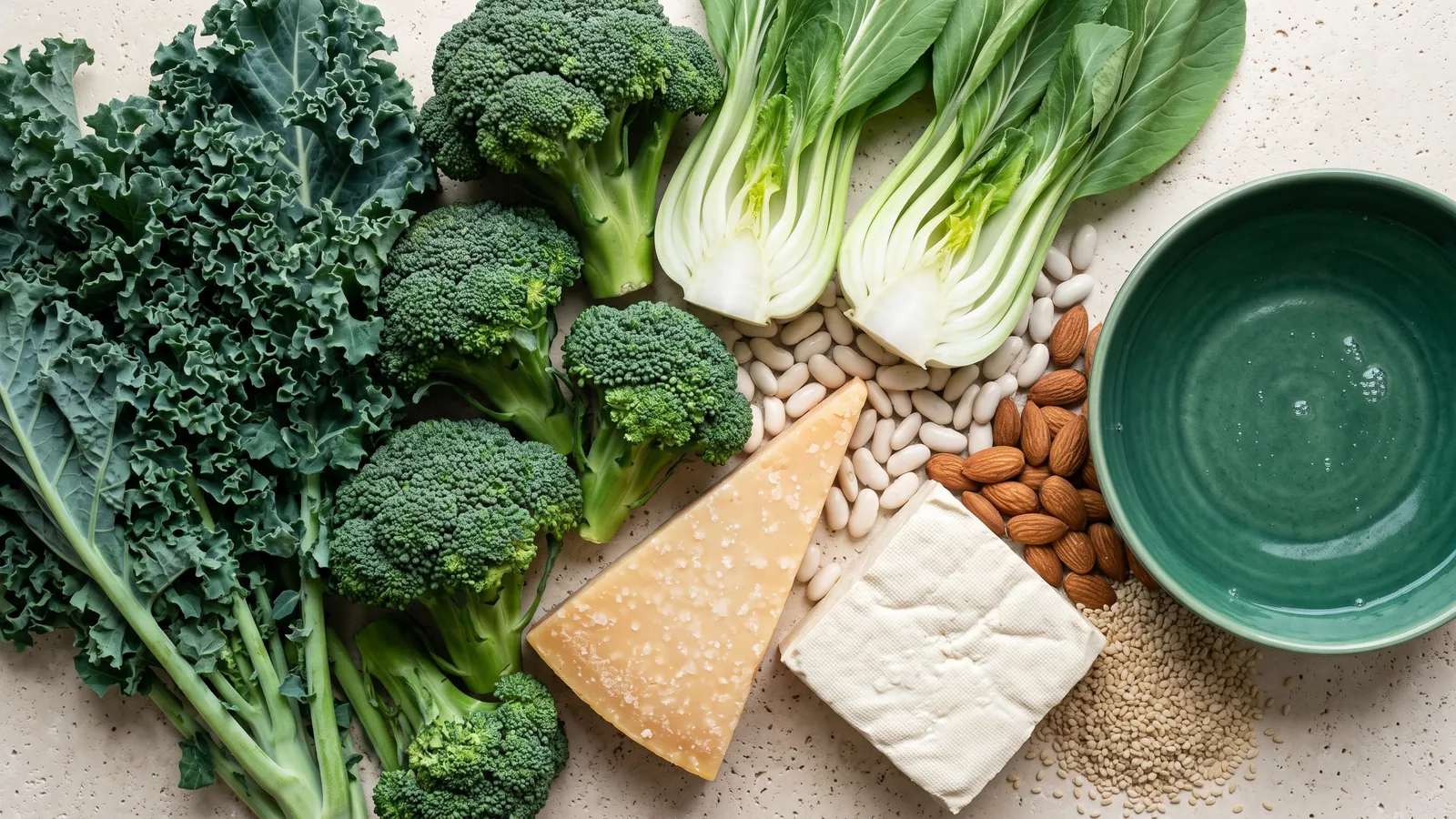 Calciumreiche Lebensmittel von oben: Grünkohl, Brokkoli, Pak Choi, Hartkäse, Tofu, weiße Bohnen und eine Schale Wasser